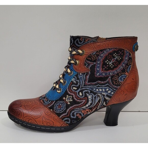 Socofy Genuine Leather Multicolor BohoLaceUp ZipUp Handmade Booties Sz.9(EU-40) - Picture 3 of 8